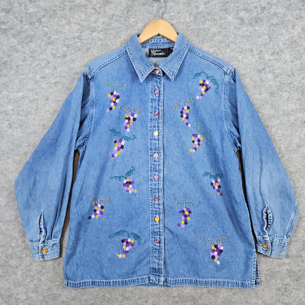 Silver Threads Women's Blue Denim Shirt Size L Button Up Embroidered Grapes‎